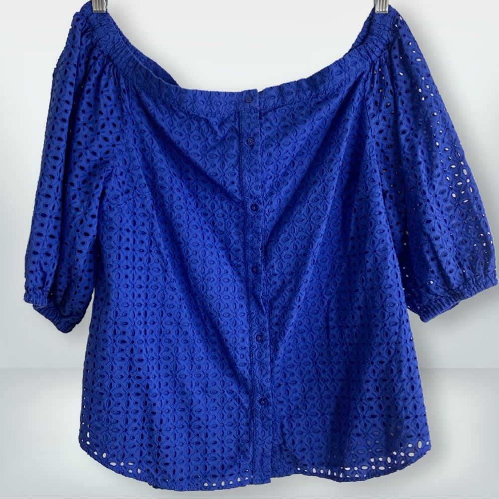 NWT Lauren Ralph Lauren Eyelet Cotton Button Blue Off The Shoulder Blouse, XL - Picture 2 of 13